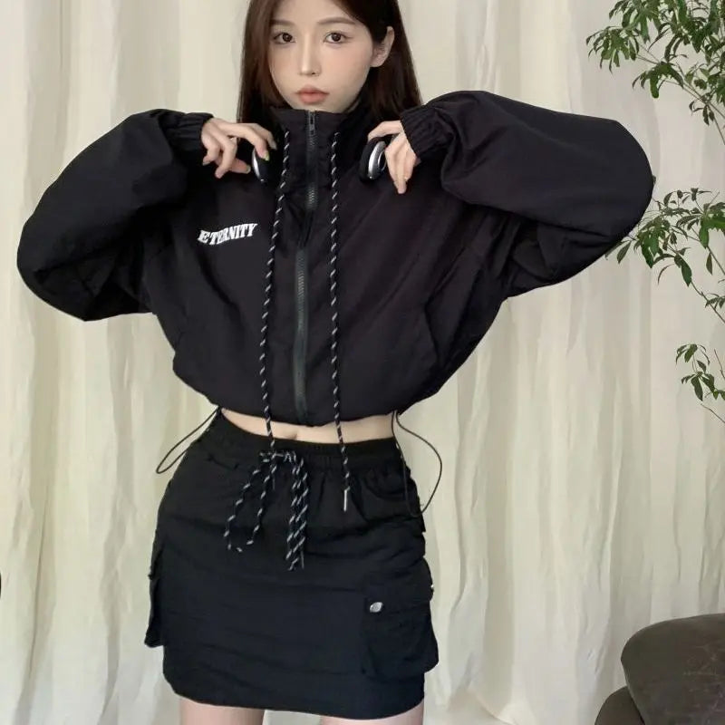 Black Windbreaker Cropped Jacket and Skirt -INTOHYPEZONE
