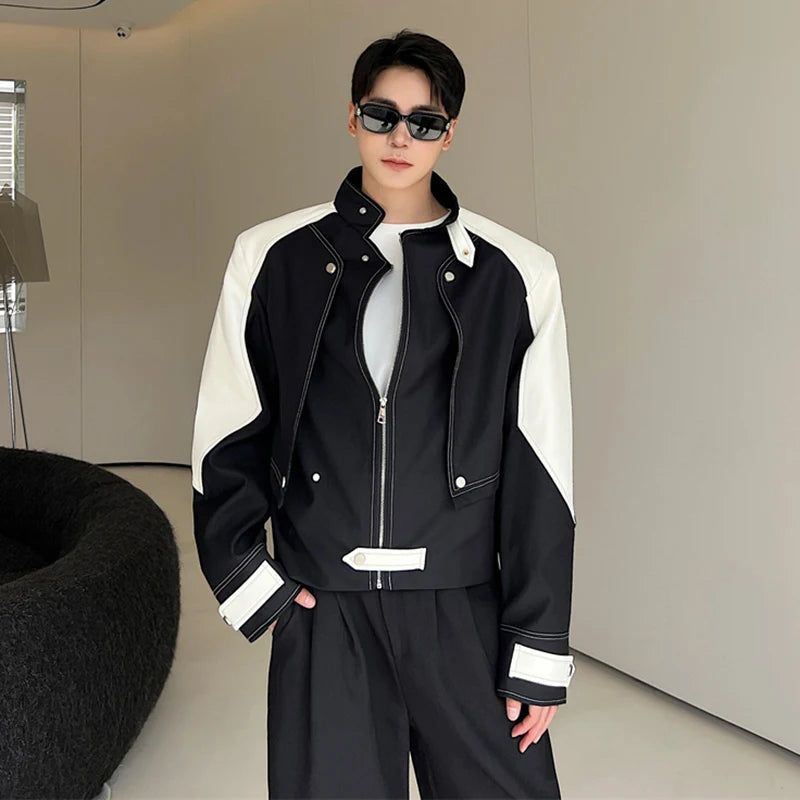 Leather Spliced Stand Collar Jacket - INTOHYPEZONE