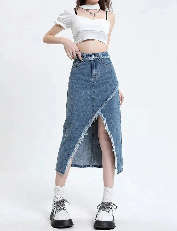 Slim Fit High Waist Slit Denim Skirt - INTOHYPEZONE
