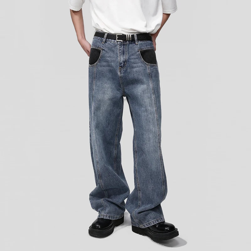 Back Pocket Spliced Vintage Straight Leg Denim Pants - INTOHYPEZONE