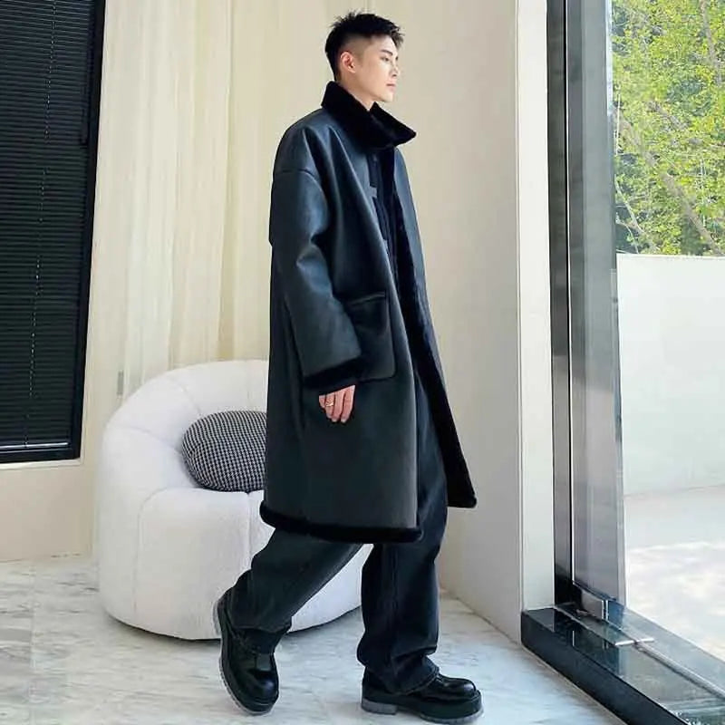 Dark Leather Woolen Overcoat - INTOHYPEZONE