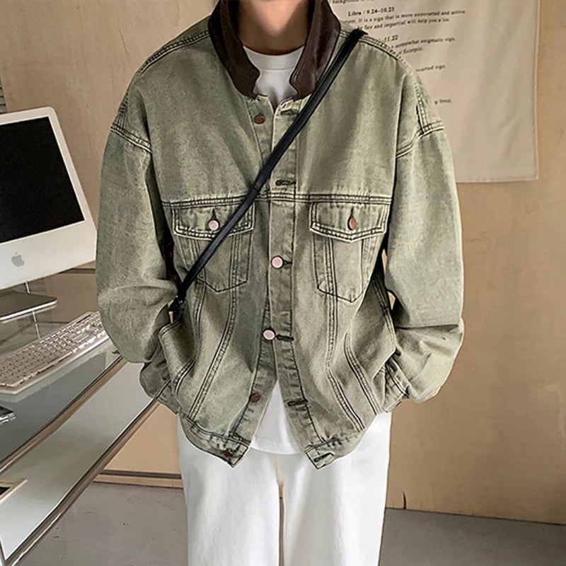 Denim Jacket PU Leather Lapel Patchwork Jackets - INTOHYPEZONE