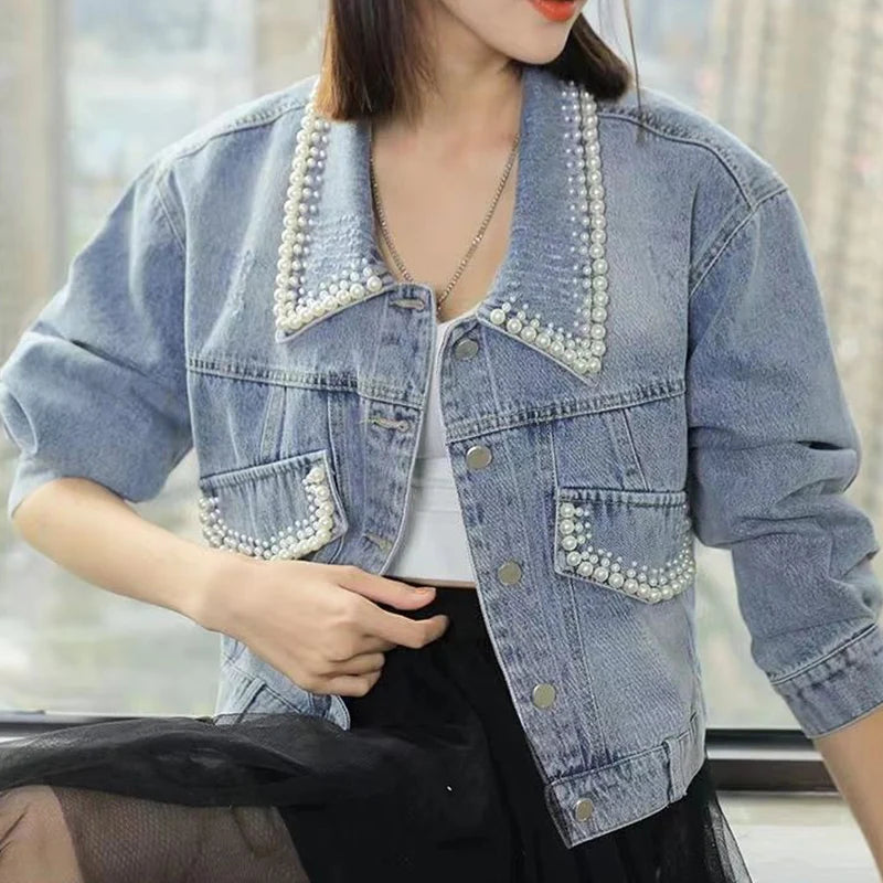 Pearl Cropped Denim Jacket - INTOHYPEZONE