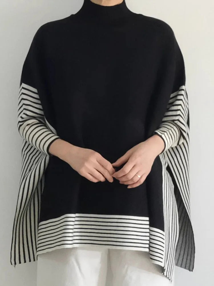 High Neck Striped Cape Short Sweater - INTOHYPEZONE
