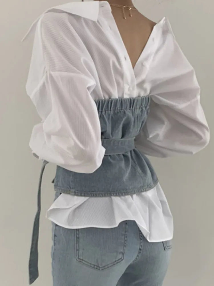 Solid Color Shirt + Sleeveless Belt Tube Denim Vest