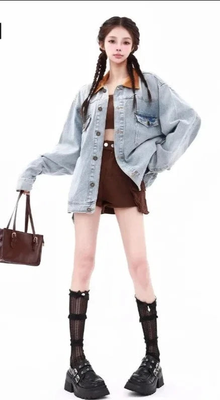 Turn Down Collar Baggy Blue Denim Jacket - INTOHYPEZONE