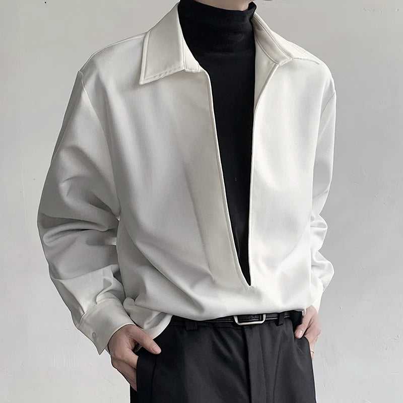 V-shaped Slit Turn-down Collar Shirt - INTOHYPEZONE