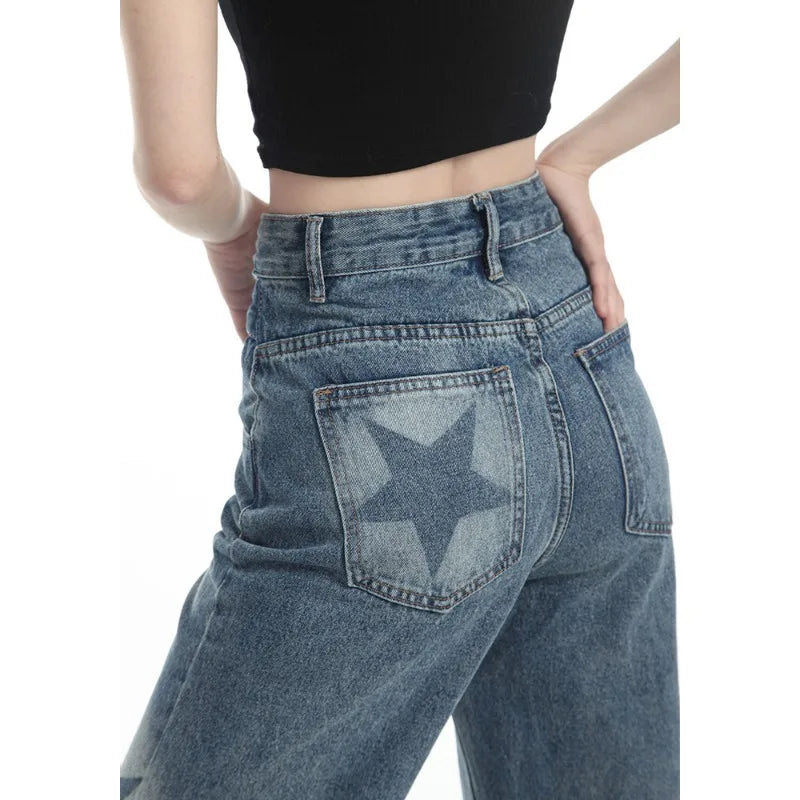 High Waist Star Print Denim Pants - INTOYPEZONE