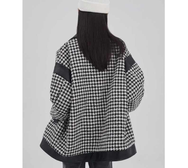 Houndstooth Letter Embroidered Oversized Zip Jacket - INTOHYPEZONE