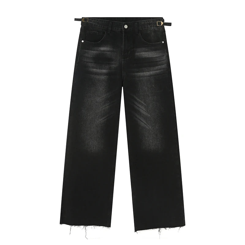 Washed Ragged Hem Straight Leg Denim Jeans - INTOHYPEZONE