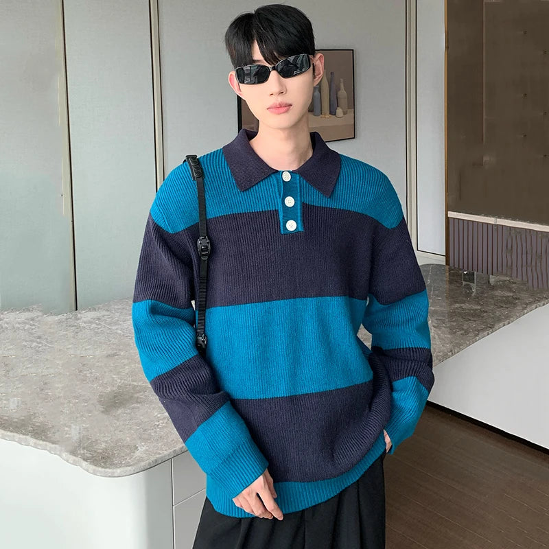 Contrast Color Turn-down Collar Stripe Sweaters - INTOHYPEZONE