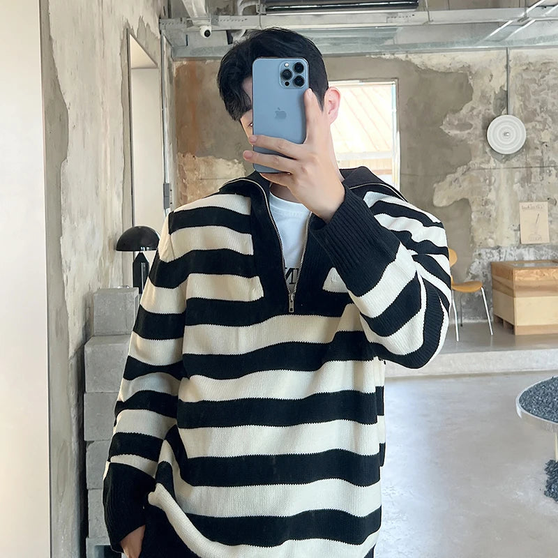 Lapel Sweater Half Zipper Loose Striped Pullover - INTOHYPEZONE