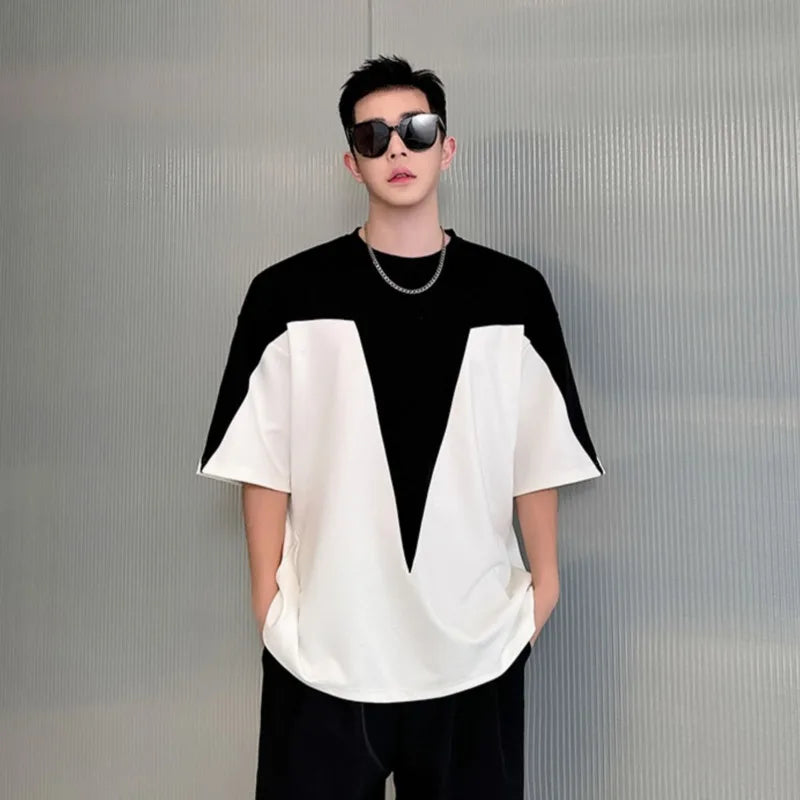 Black and White Contrast Crewneck T-shirt - INTOHYPEZONE