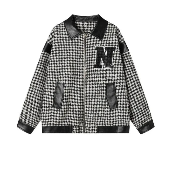 Houndstooth Letter Embroidered Oversized Zip Jacket - INTOHYPEZONE