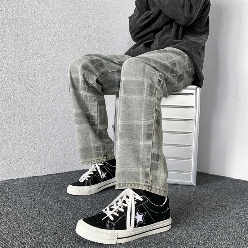 Plaid Jeans Denim Pants - INTOHYPEZONE