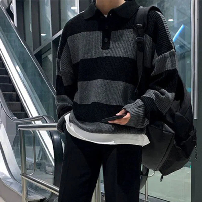 Striped Lapel Knit Cardigan - INTOHYPEZONE