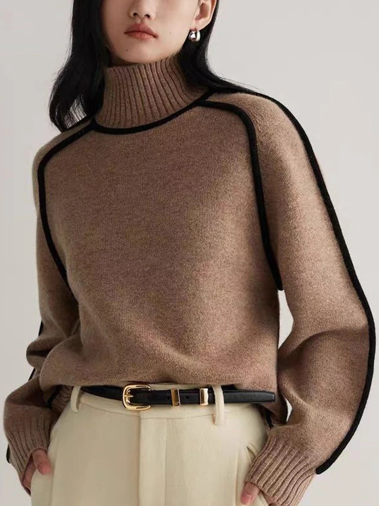 High Neck Contrast Line Knitted Sweater - INTOHYPEZONE