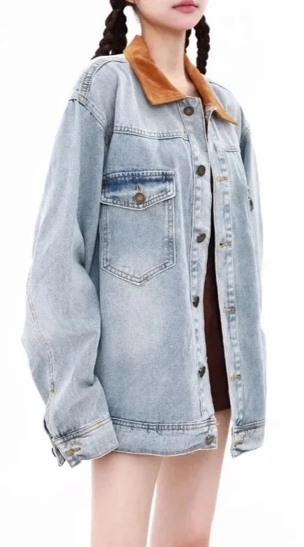 Turn Down Collar Baggy Blue Denim Jacket - INTOHYPEZONE