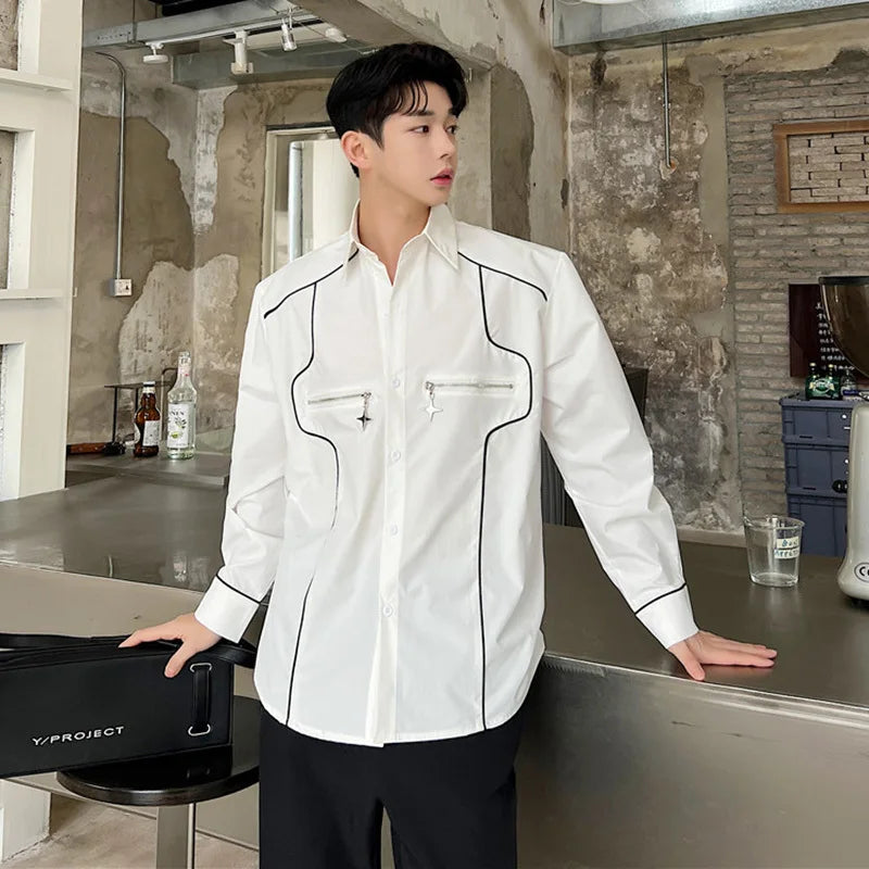 Long-Sleeve Contrast Trim Zip Accent Button-Up Shirt - INTOHYPEZONE