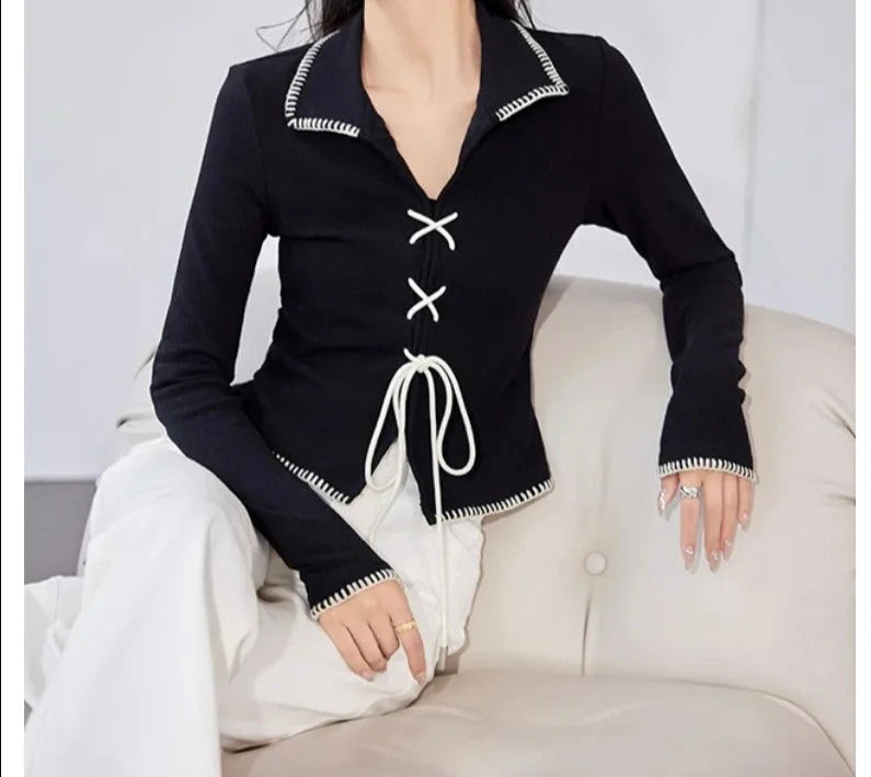 V-neck Lapel Knitwear Long Sleeve Tie Up Top - INTOHYPEZONE