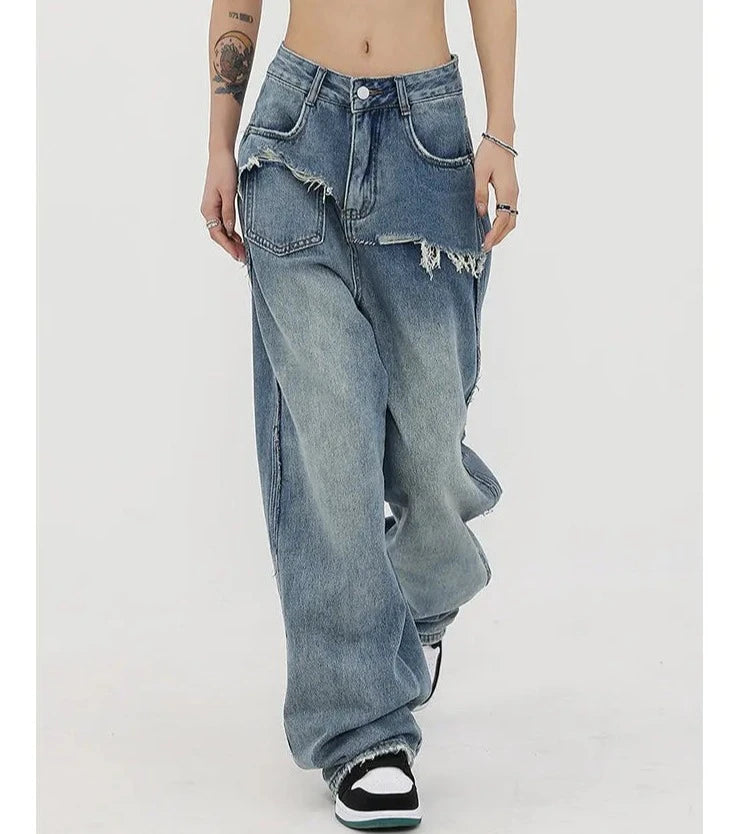 Retro Patchwork Grunge Denim Pants - INTOHYPEZONE