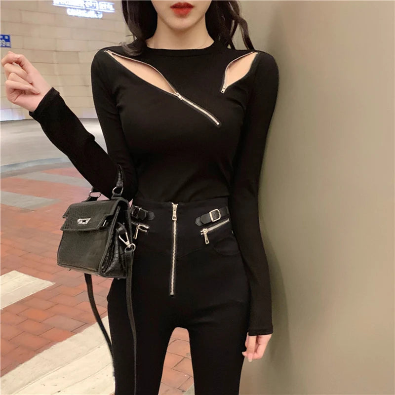 Zipper Slim Fit Long Sleeve Top - INTOHYPEZONE