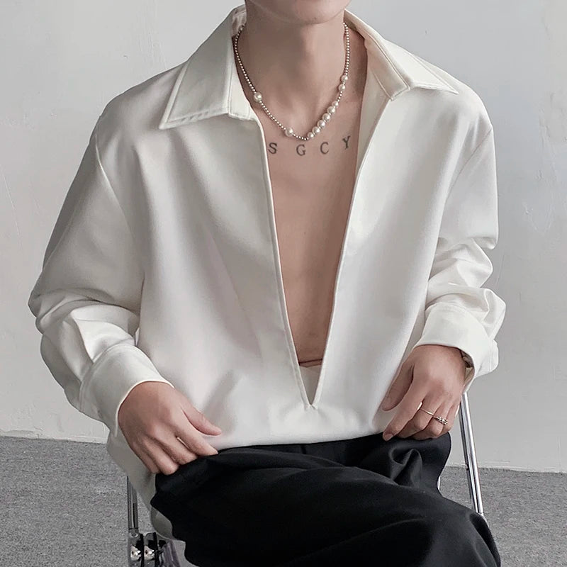 V-shaped Slit Turn-down Collar Shirt - INTOHYPEZONE
