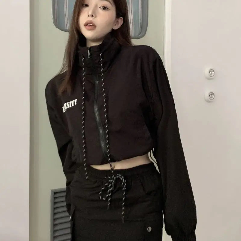Black Windbreaker Cropped Jacket and Skirt -INTOHYPEZONE
