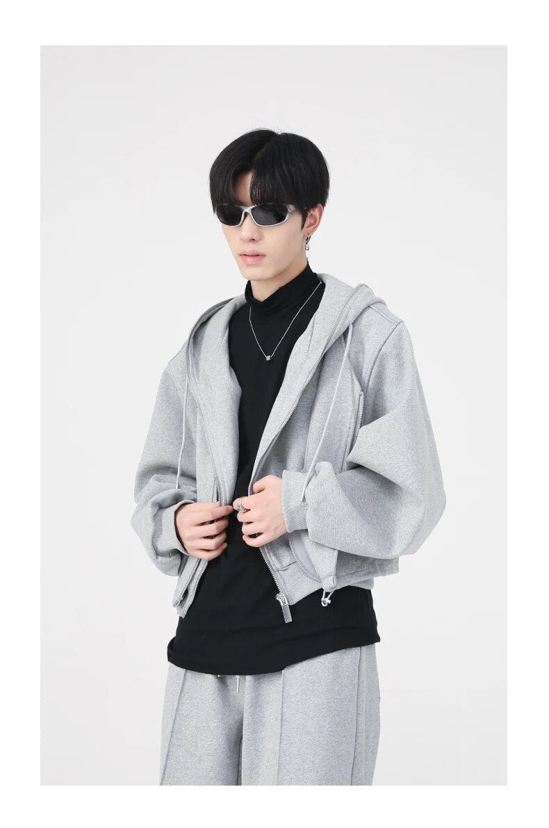 Two-Piece Plain Zip Up Hoodie Wide Leg Pants - INTOHYPEZONE