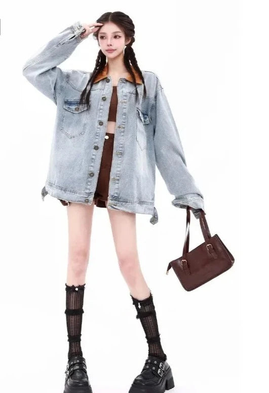 Turn Down Collar Baggy Blue Denim Jacket - INTOHYPEZONE