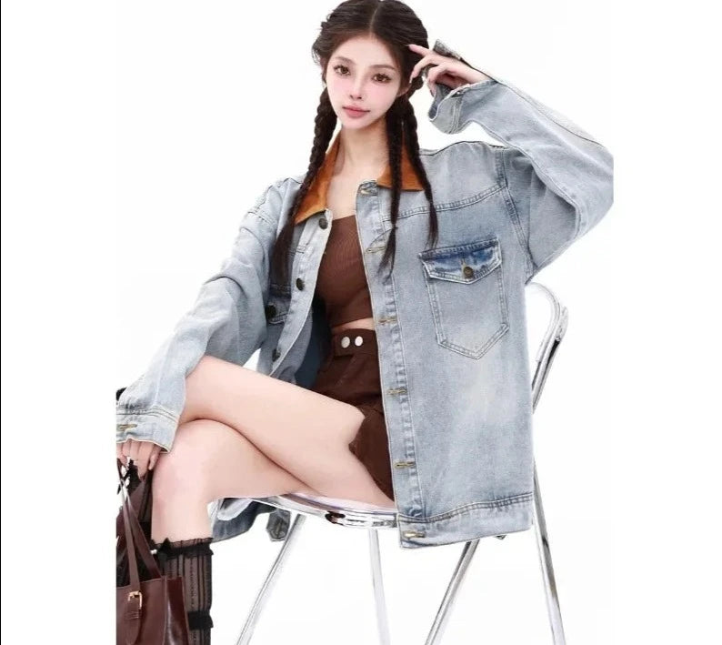 Turn Down Collar Baggy Blue Denim Jacket - INTOHYPEZONE