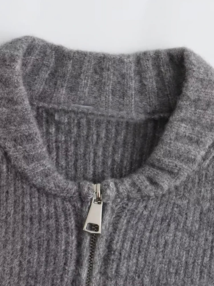 Knit Gray Long Sleeve Full Zip Sweater - INTOHYPEZONE