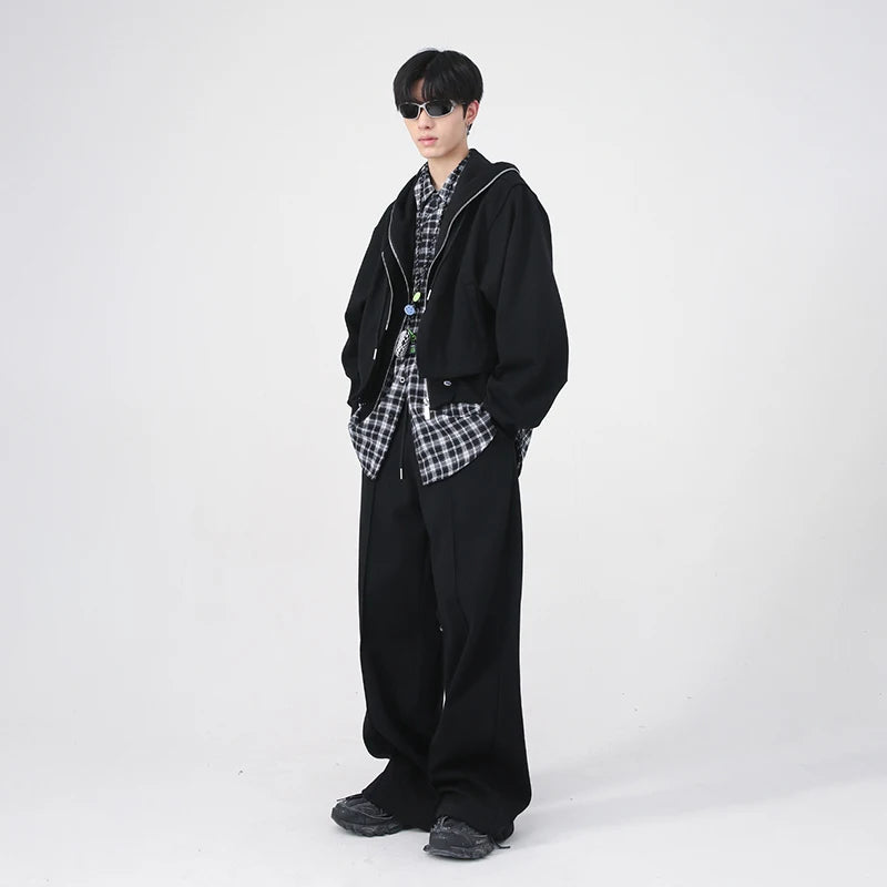 Two-Piece Plain Zip Up Hoodie Wide Leg Pants - INTOHYPEZONE