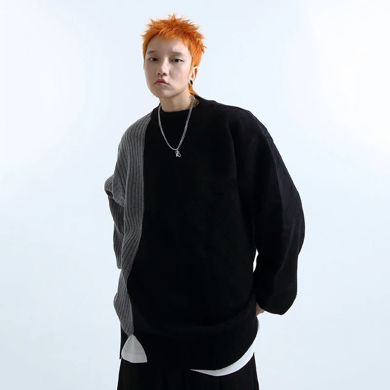 Contrast Color Spliced Round Neck Pullovers - INTOHYPEZONE