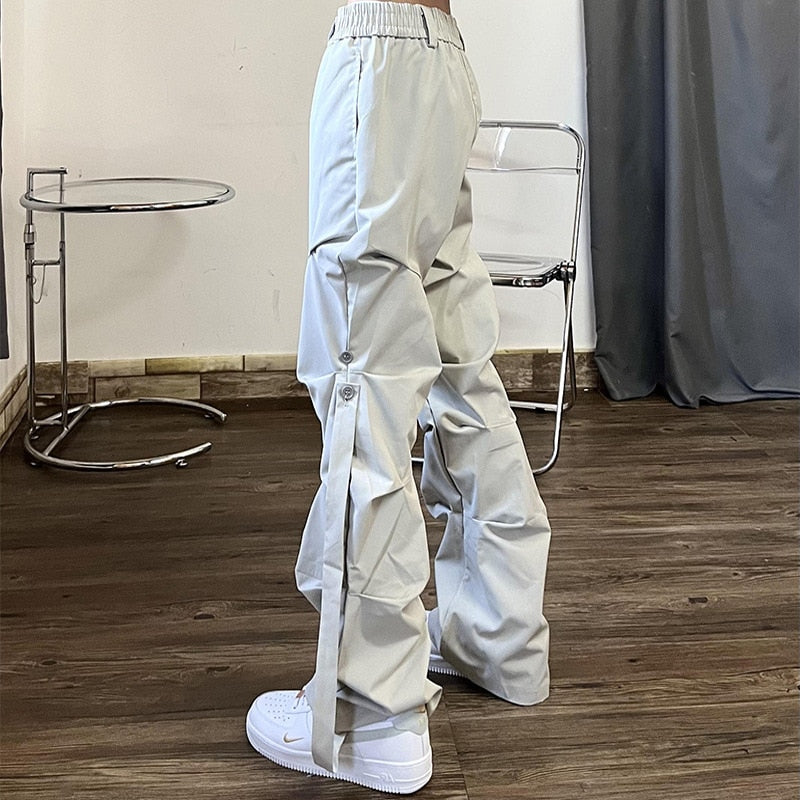 Pleated Loose Straight Button Trousers - INTOHYPEZONE