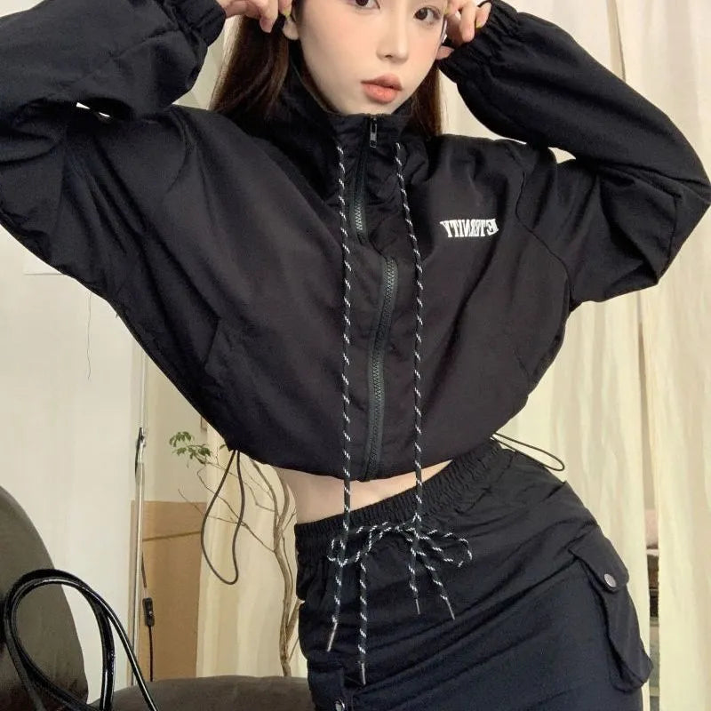 Black Windbreaker Cropped Jacket and Skirt -INTOHYPEZONE