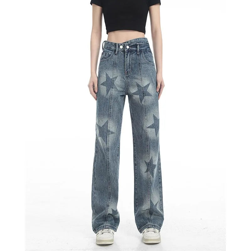 High Waist Star Print Denim Pants - INTOYPEZONE