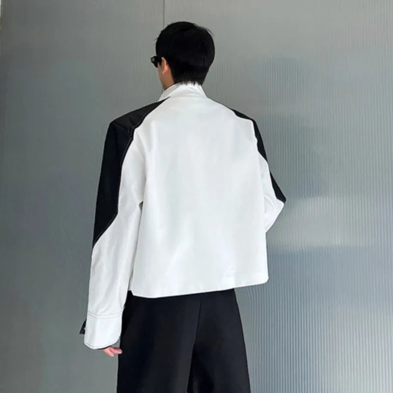 Leather Spliced Stand Collar Jacket - INTOHYPEZONE