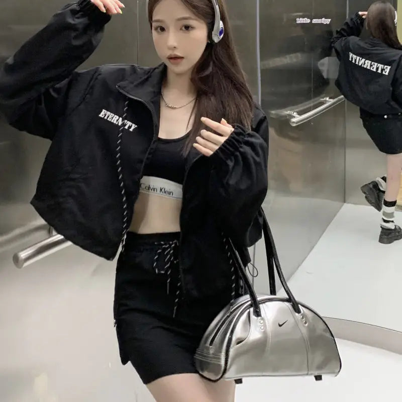 Black Windbreaker Cropped Jacket and Skirt -INTOHYPEZONE