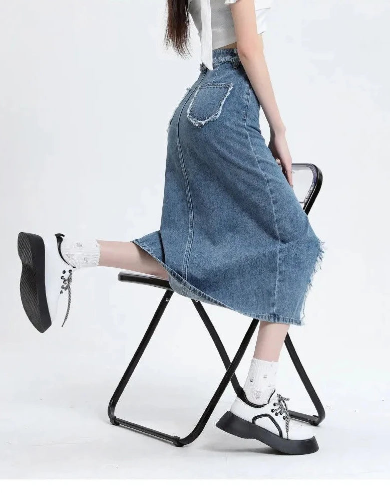 Slim Fit High Waist Slit Denim Skirt - INTOHYPEZONE