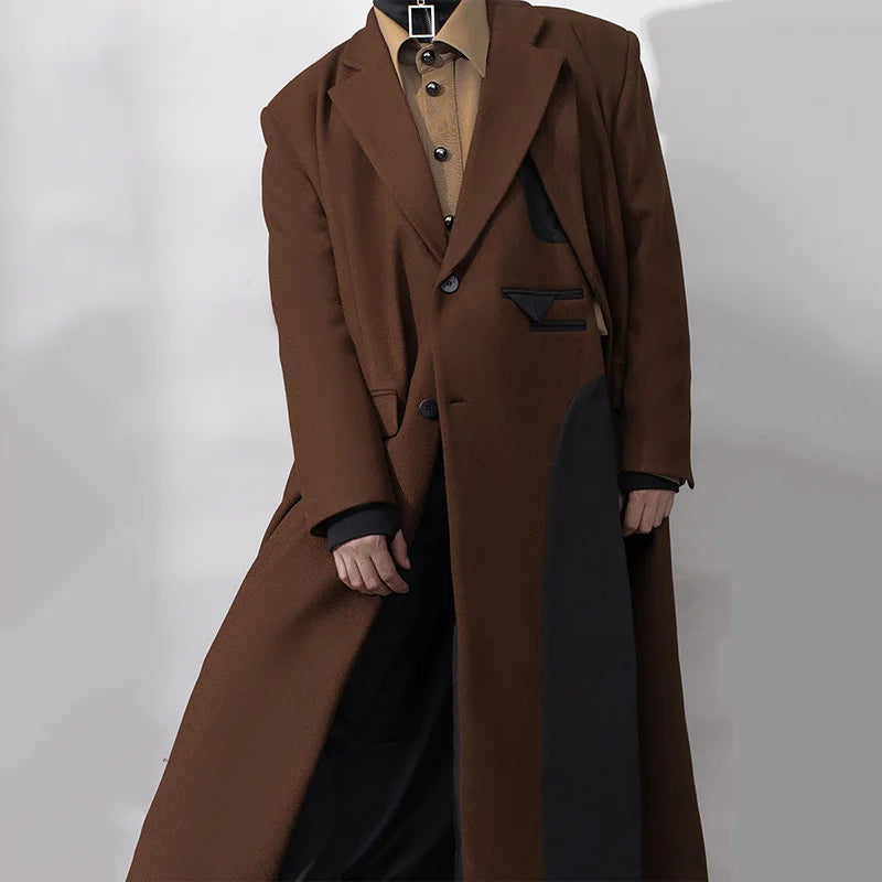 Fake Two Piece Spliced Design Felt Trench Coat - INTOHYPEZONE