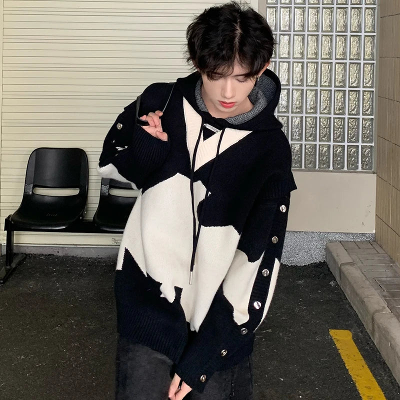Patchwork Button Hooded Sweaters - INTOHYPEZONE