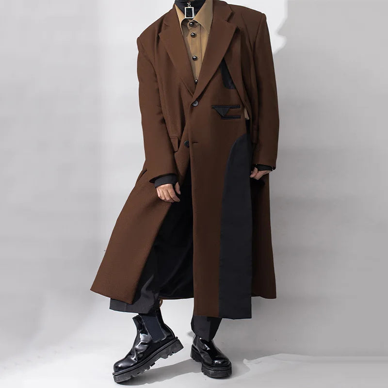 Fake Two Piece Spliced Design Felt Trench Coat - INTOHYPEZONE
