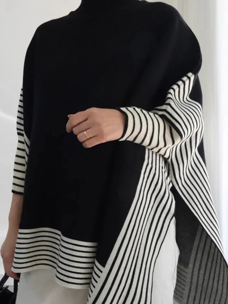 High Neck Striped Cape Short Sweater - INTOHYPEZONE