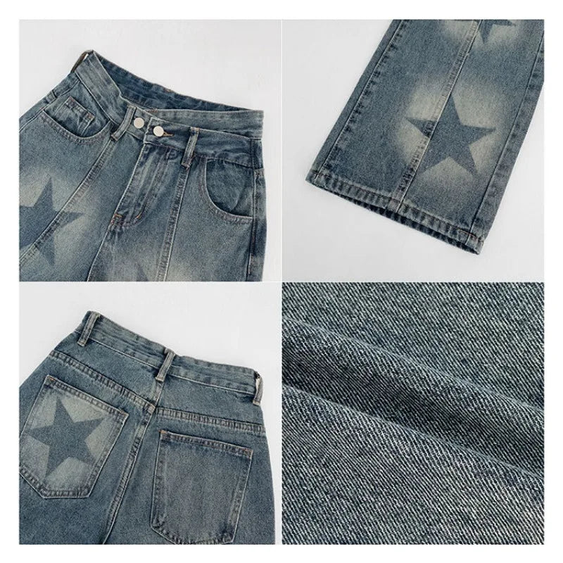 High Waist Star Print Denim Pants - INTOYPEZONE
