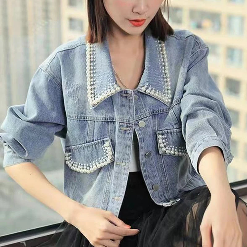 Pearl Cropped Denim Jacket - INTOHYPEZONE