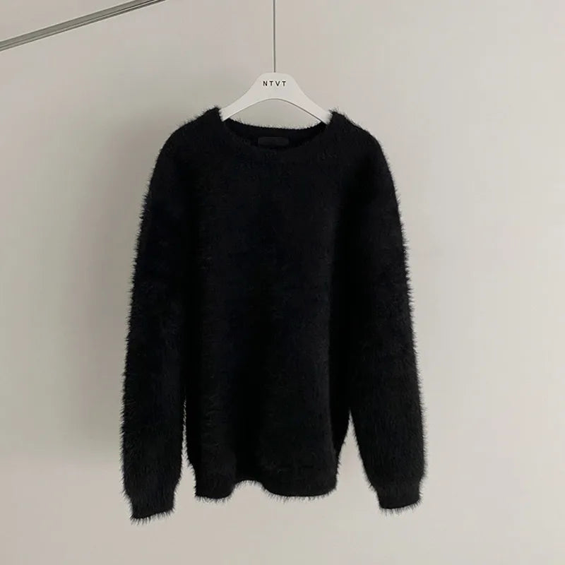 Mink Solid Color Round Neck Sweater - INTOHYPEZONE