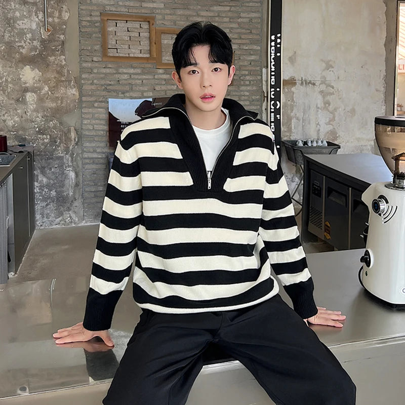 Lapel Sweater Half Zipper Loose Striped Pullover - INTOHYPEZONE