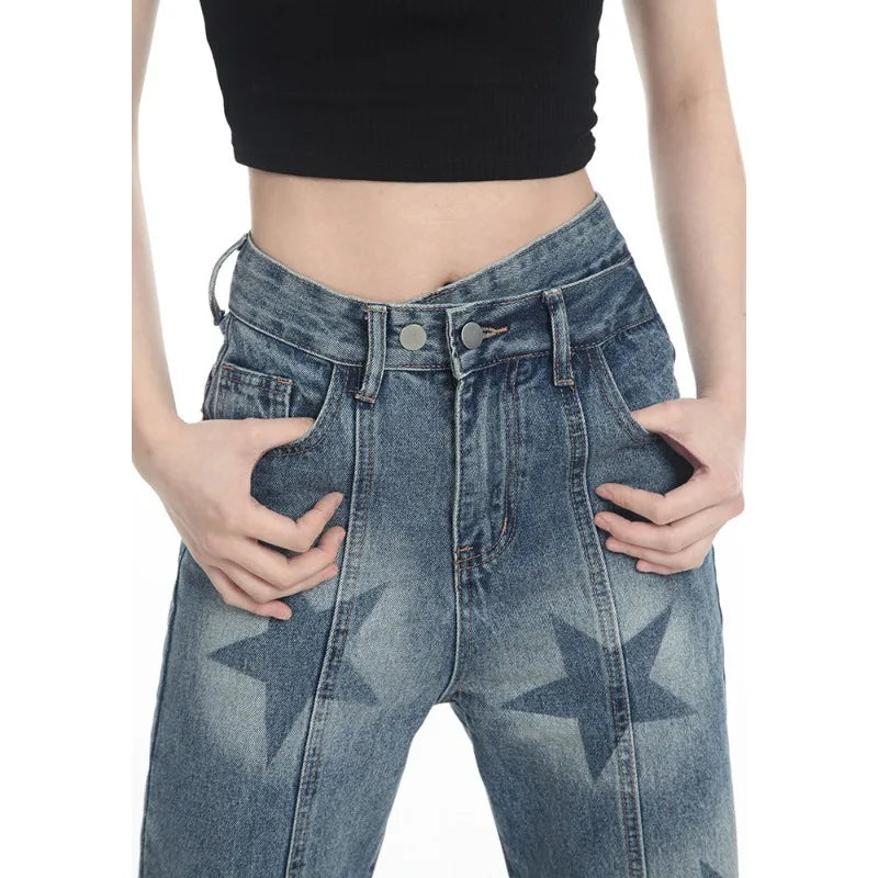 High Waist Star Print Denim Pants - INTOYPEZONE