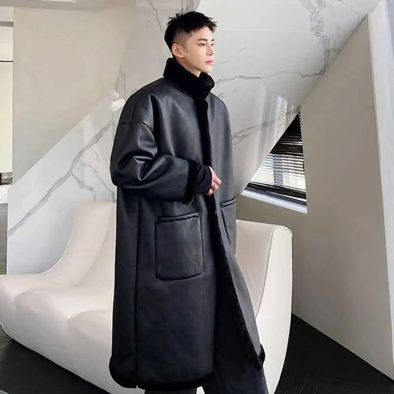 Dark Leather Woolen Overcoat - INTOHYPEZONE